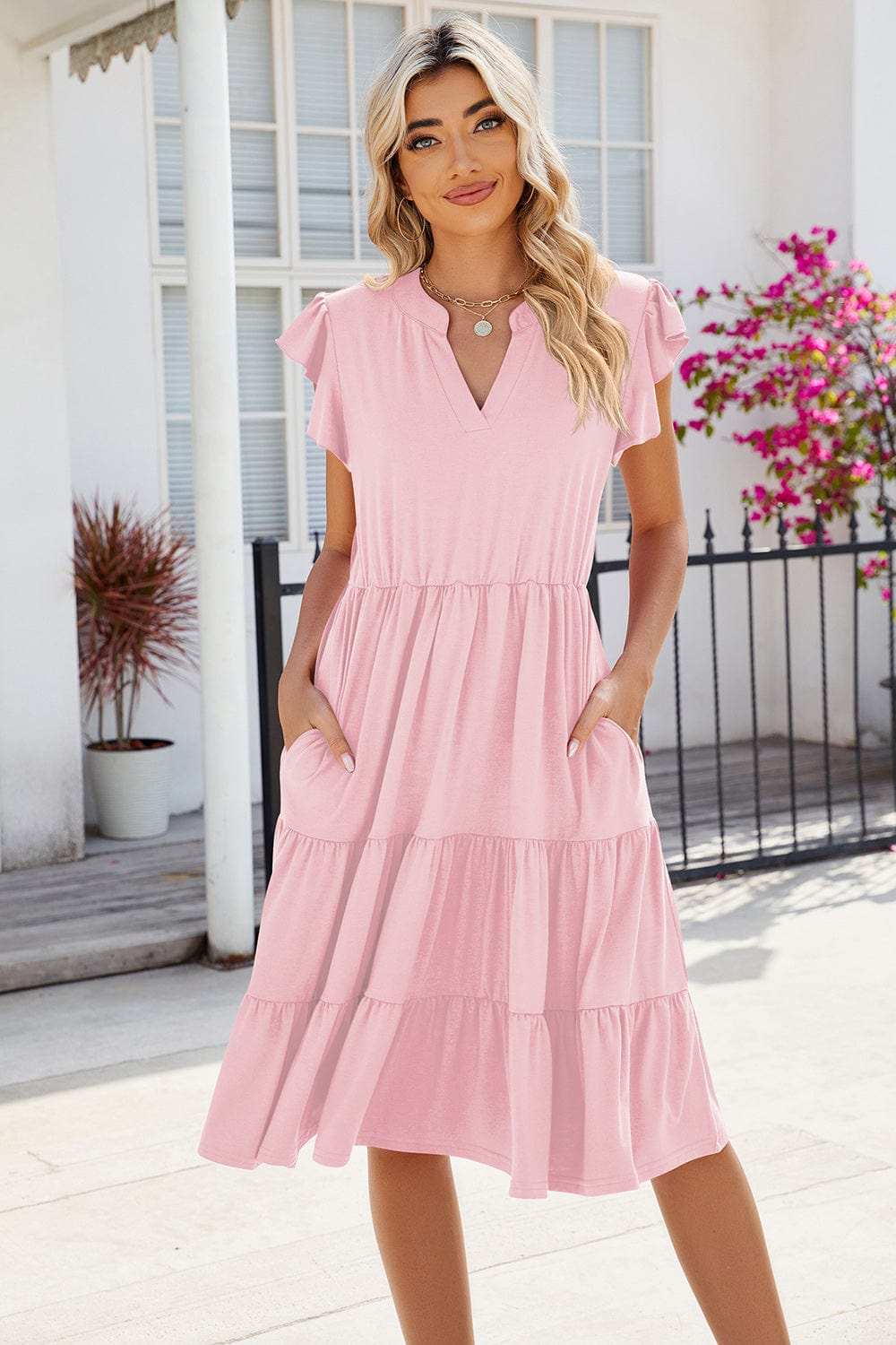 Ruched Notched Cap Sleeve Dress - Trendsi - Flyclothing LLC