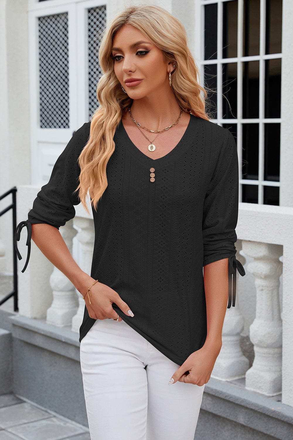 Eyelet Drawstring V-Neck Half Sleeve T-Shirt - Trendsi - Flyclothing LLC