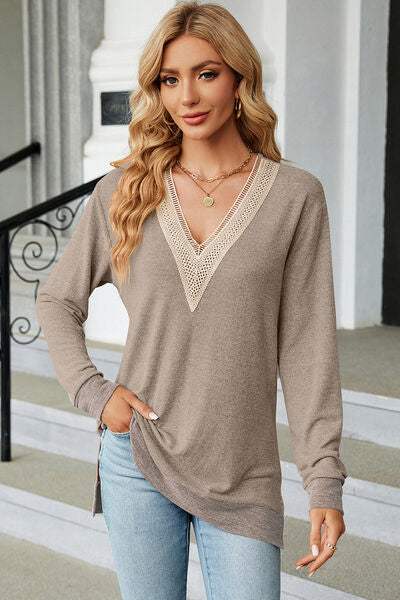 Slit V-Neck Long Sleeve T-Shirt - Trendsi - Flyclothing LLC