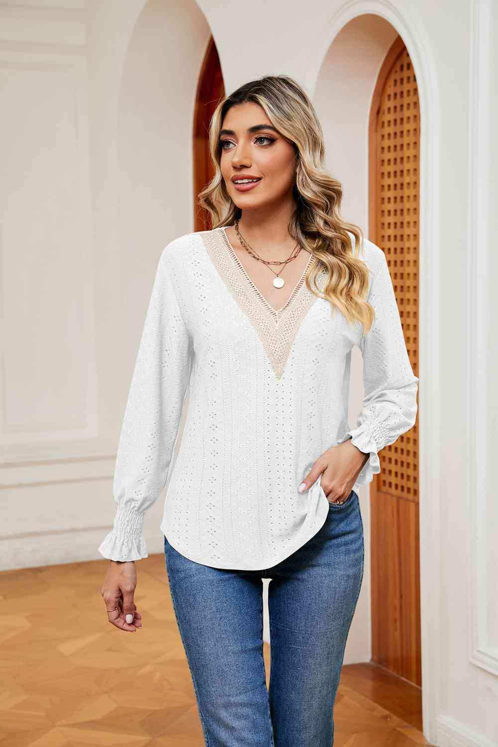 Contrast Flounce Sleeve Blouse - Trendsi - Flyclothing LLC