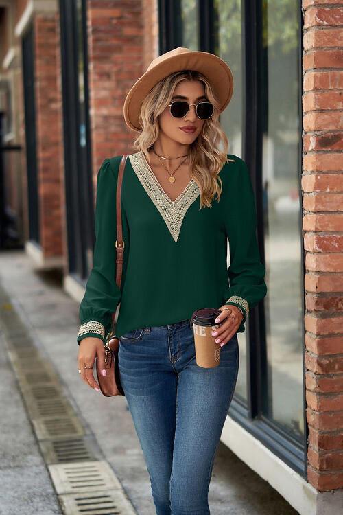 V-Neck Lace Detail Long Sleeve Top - Flyclothing LLC
