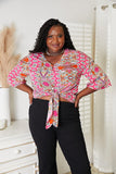 Double Take Tie Hem V-Neck Three-Quarter Sleeve Blouse - Trendsi