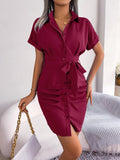 Button Down Ruched Tie Belt Dress - Trendsi
