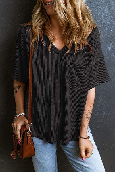 Textured V-Neck Dropped Shoulder T-Shirt - Trendsi - Flyclothing LLC
