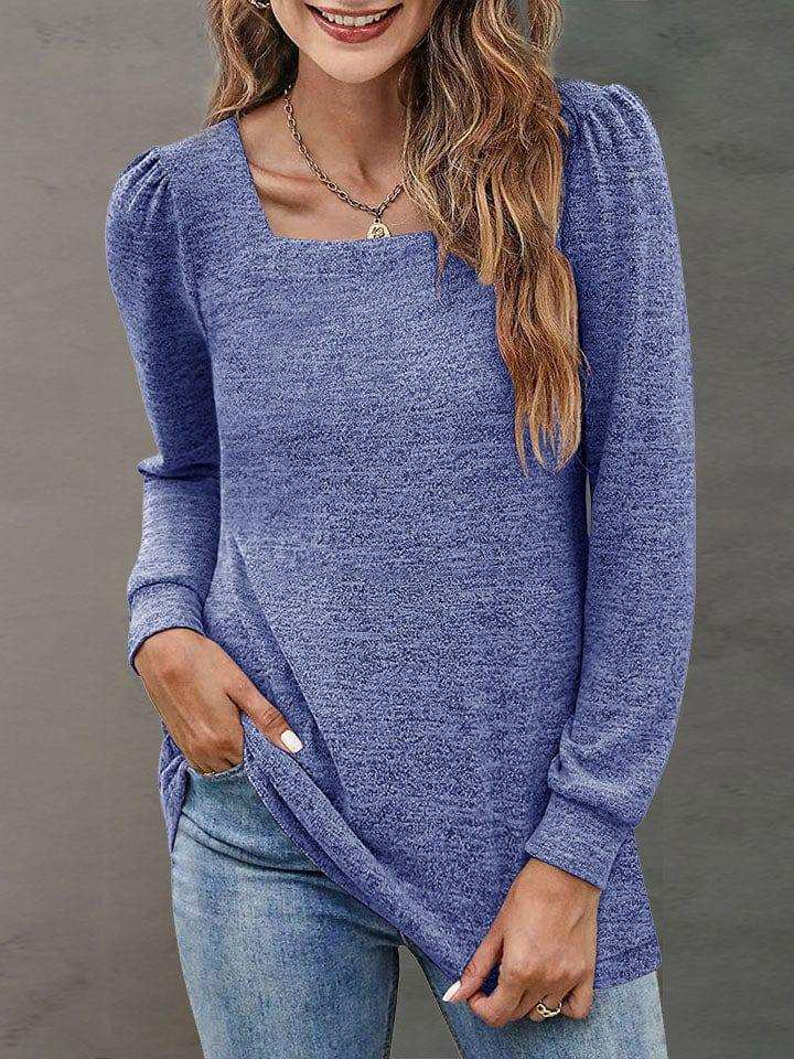 Heathered Square Neck Long Sleeve T-Shirt - Trendsi - Flyclothing LLC