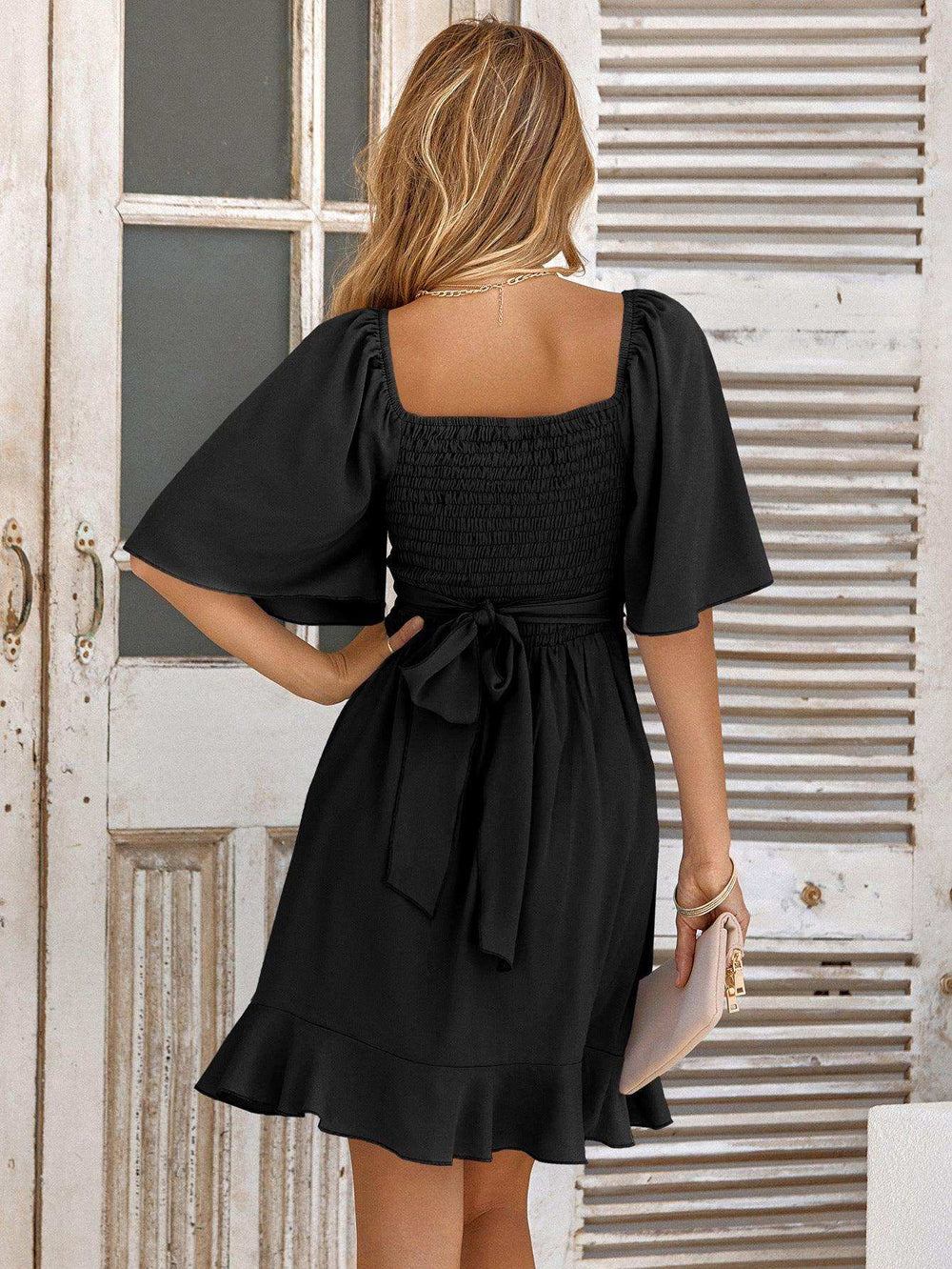 Smocked Tie Back Ruffle Hem Dress - Trendsi - Flyclothing LLC