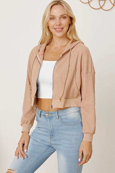 Waffle-Knit Drawstring Zip Up Hoodie - Trendsi - Flyclothing LLC