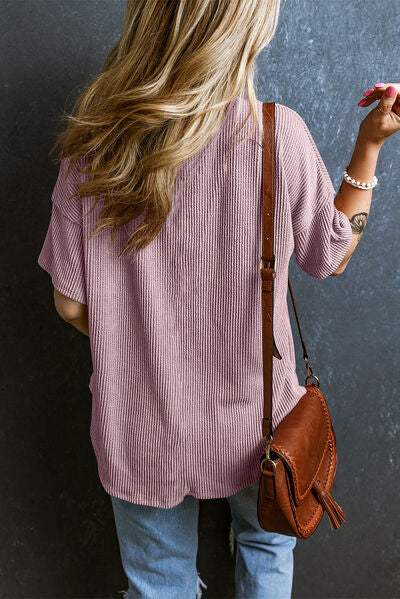 Textured V-Neck Dropped Shoulder T-Shirt - Trendsi - Flyclothing LLC
