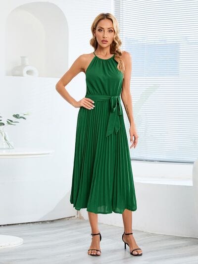 Pleated Spaghetti Strap Tie Waist Midi Dress - Trendsi