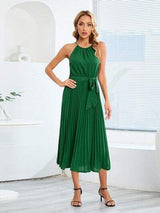 Pleated Spaghetti Strap Tie Waist Midi Dress - Trendsi - Flyclothing LLC