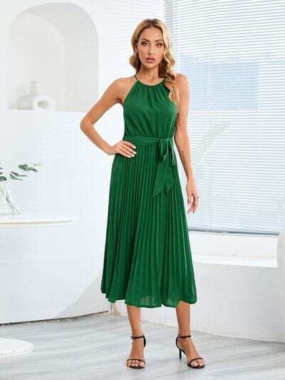Pleated Spaghetti Strap Tie Waist Midi Dress - Trendsi - Flyclothing LLC