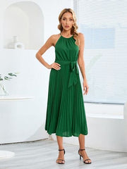 Pleated Spaghetti Strap Tie Waist Midi Dress - Trendsi