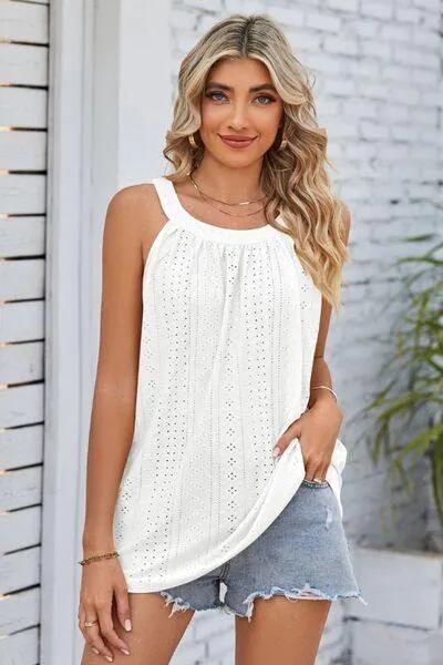 Openwork Round Neck Wide Strap Tank - Trendsi