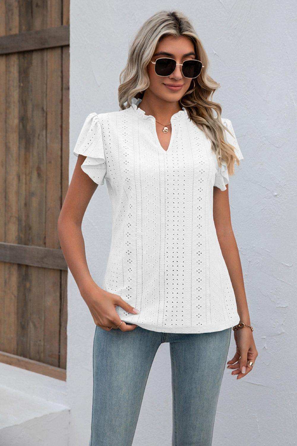 Eyelet Notched Neck Flutter Sleeve Top - Trendsi - Flyclothing LLC