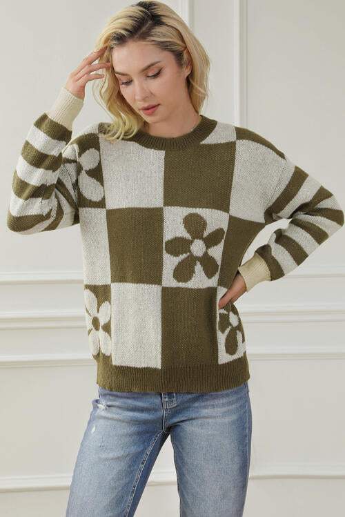 Contrast Round Neck Long Sleeve Sweater - Trendsi - Flyclothing LLC