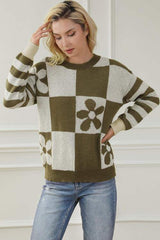 Contrast Round Neck Long Sleeve Sweater - Trendsi - Flyclothing LLC
