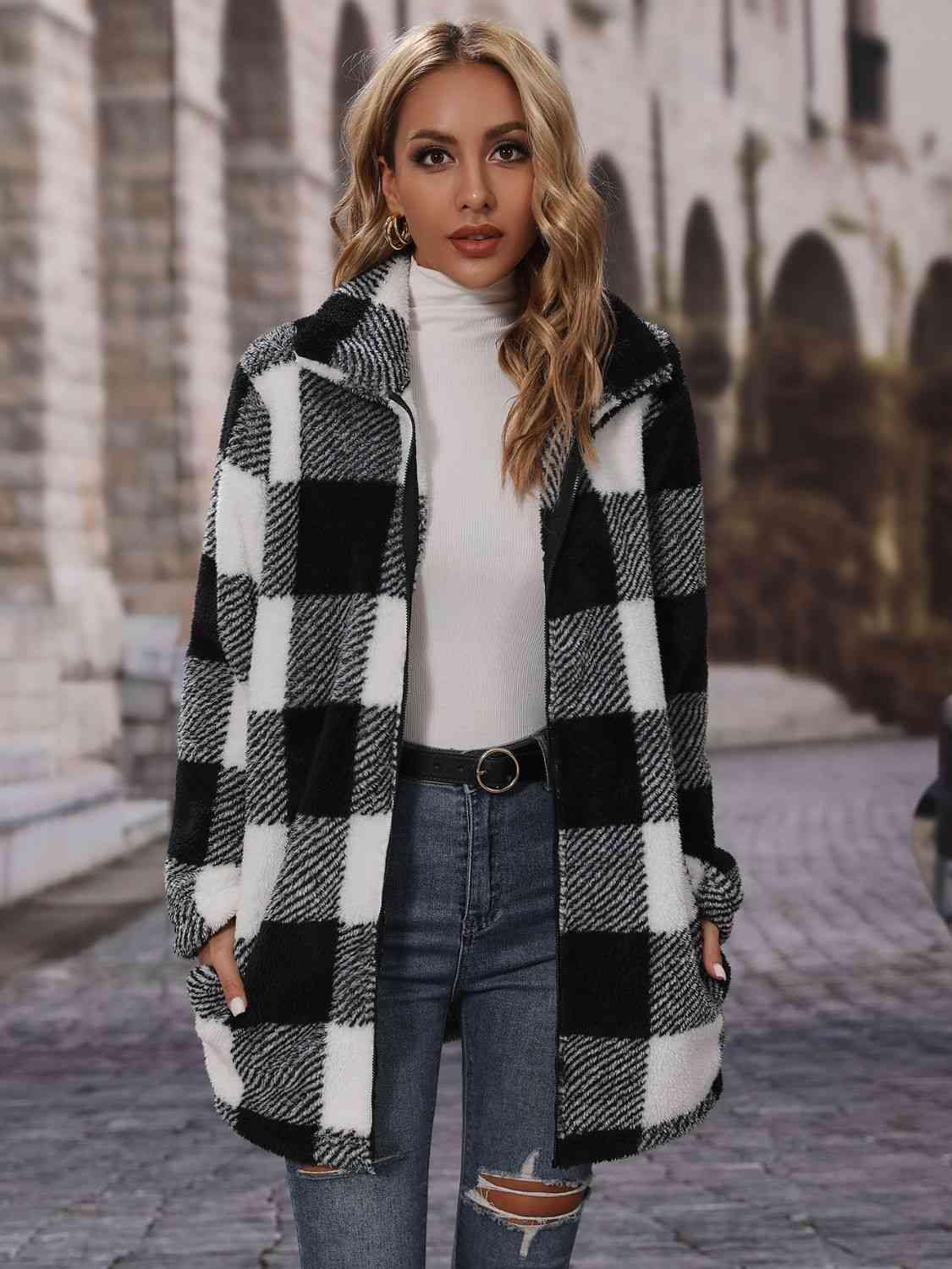 Plaid Collared Neck Coat with Pockets - Trendsi