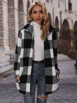 Plaid Collared Neck Coat with Pockets - Trendsi - Flyclothing LLC