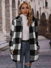 Plaid Collared Neck Coat with Pockets - Trendsi