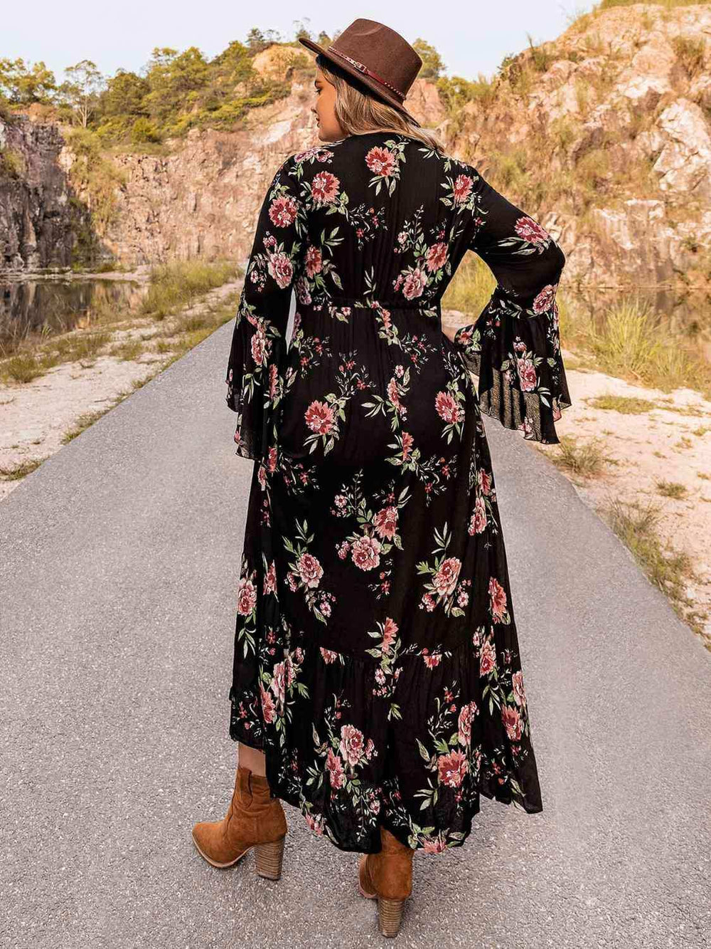 Plus Size Floral Flare Sleeve Dress - Trendsi - Flyclothing LLC