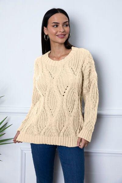 Round Neck Dropped Shoulder Sweater - Trendsi