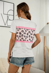 Leopard Color Block Side Slit Tee - Trendsi - Flyclothing LLC