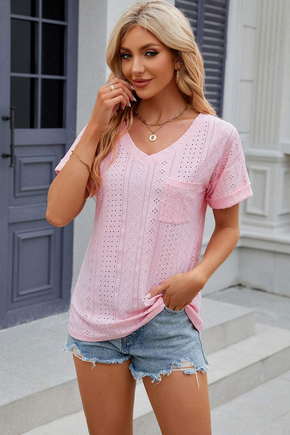 Eyelet V-Neck Short Sleeve T-Shirt - Trendsi - Flyclothing LLC