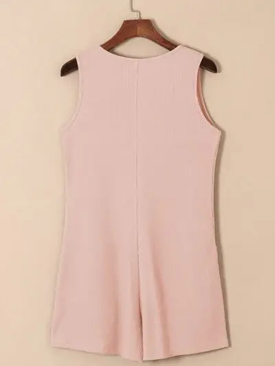 Waffle-Knit Half Button Sleeveless Romper with Pockets - Trendsi - Flyclothing LLC