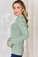 Basic Bae Full Size Ribbed Mock Neck Puff Sleeve T-Shirt - Trendsi