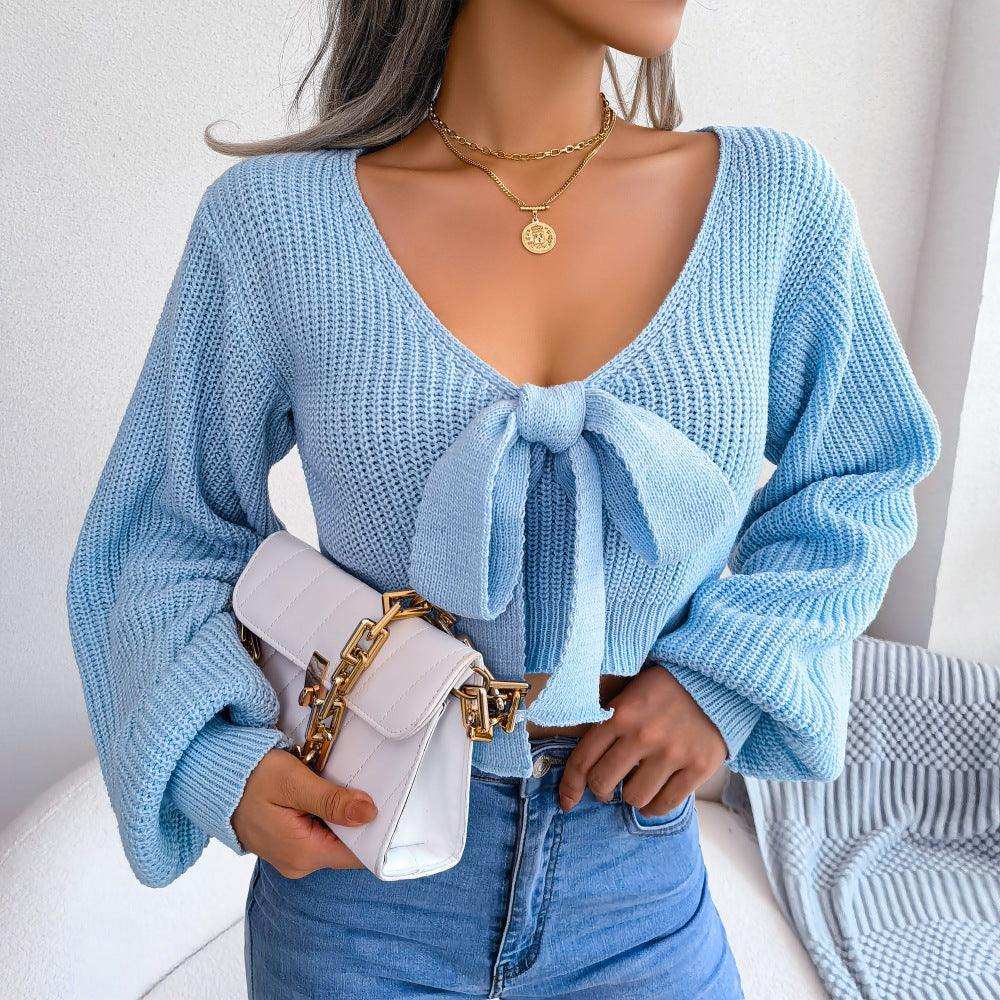Tie-Front Rib-Knit Cropped Sweater - Trendsi - Flyclothing LLC