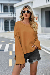 Round Neck Dropped Shoulder Slit Sweater - Trendsi - Flyclothing LLC