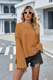 Round Neck Dropped Shoulder Slit Sweater - Trendsi - Flyclothing LLC