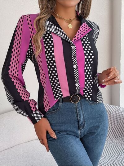 Polka Dot Contrast Long Sleeve Shirt - Trendsi