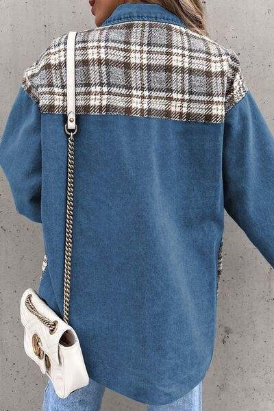 Plaid Pocketed Button Up Denim Jacket - Trendsi - Flyclothing LLC