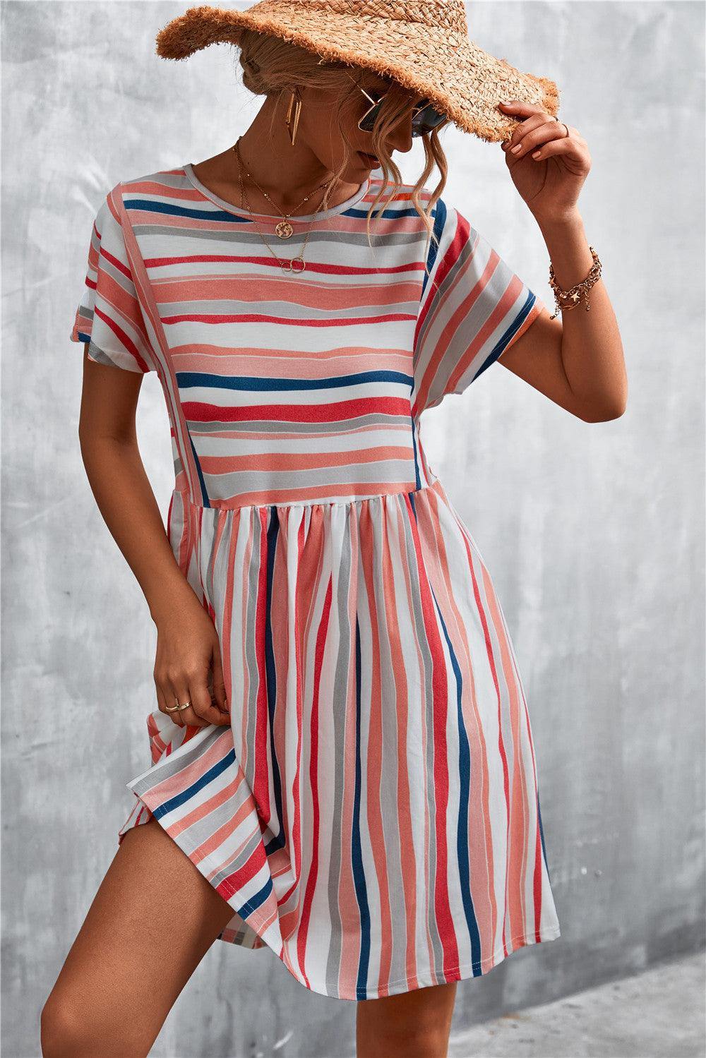 Striped Round Neck Dress - Trendsi