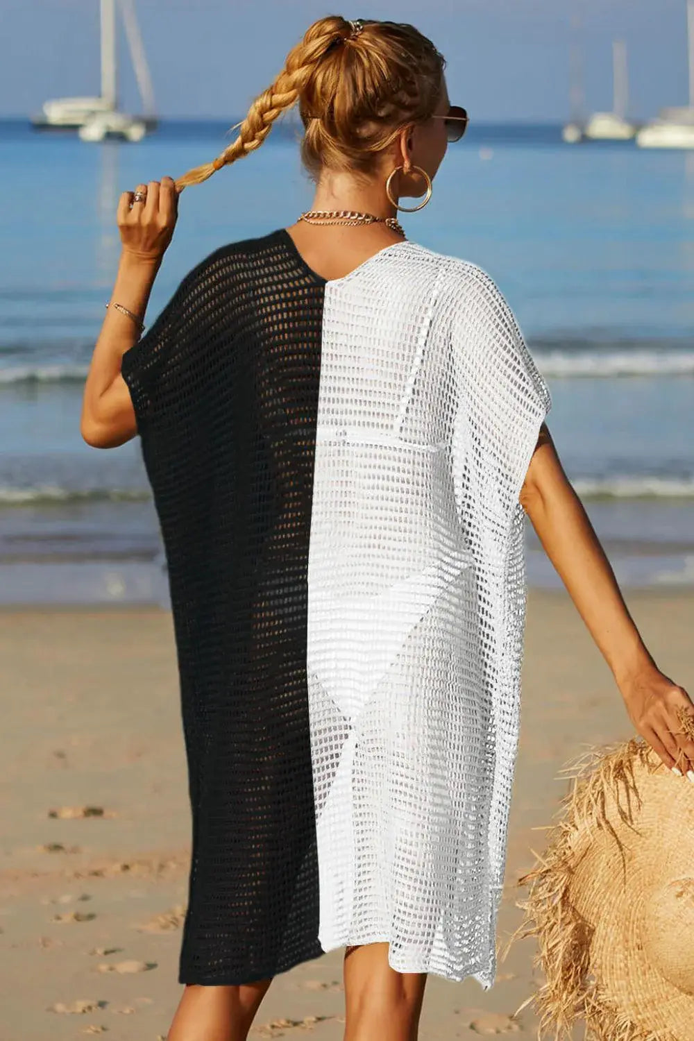 Cover Slit Two-Tone Side Slit Open Front Cover Up - Flyclothing LLC