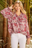 Floral Tie Neck Flounce Sleeve Blouse - Trendsi