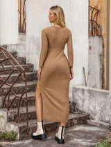 Cutout V-Neck Long Sleeve Slit Dress - Trendsi - Flyclothing LLC
