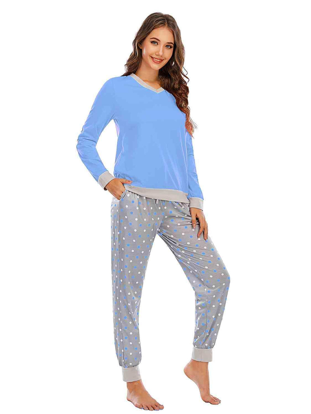 Long Sleeve Top and Polka Dot Pants Set - Trendsi - Flyclothing LLC