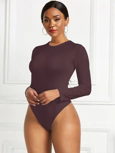 Round Neck Long Sleeve Bodysuit - Trendsi - Flyclothing LLC