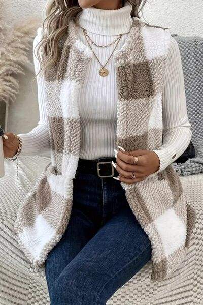Sherpa Plaid Open Front Vest Coat - Trendsi - Flyclothing LLC