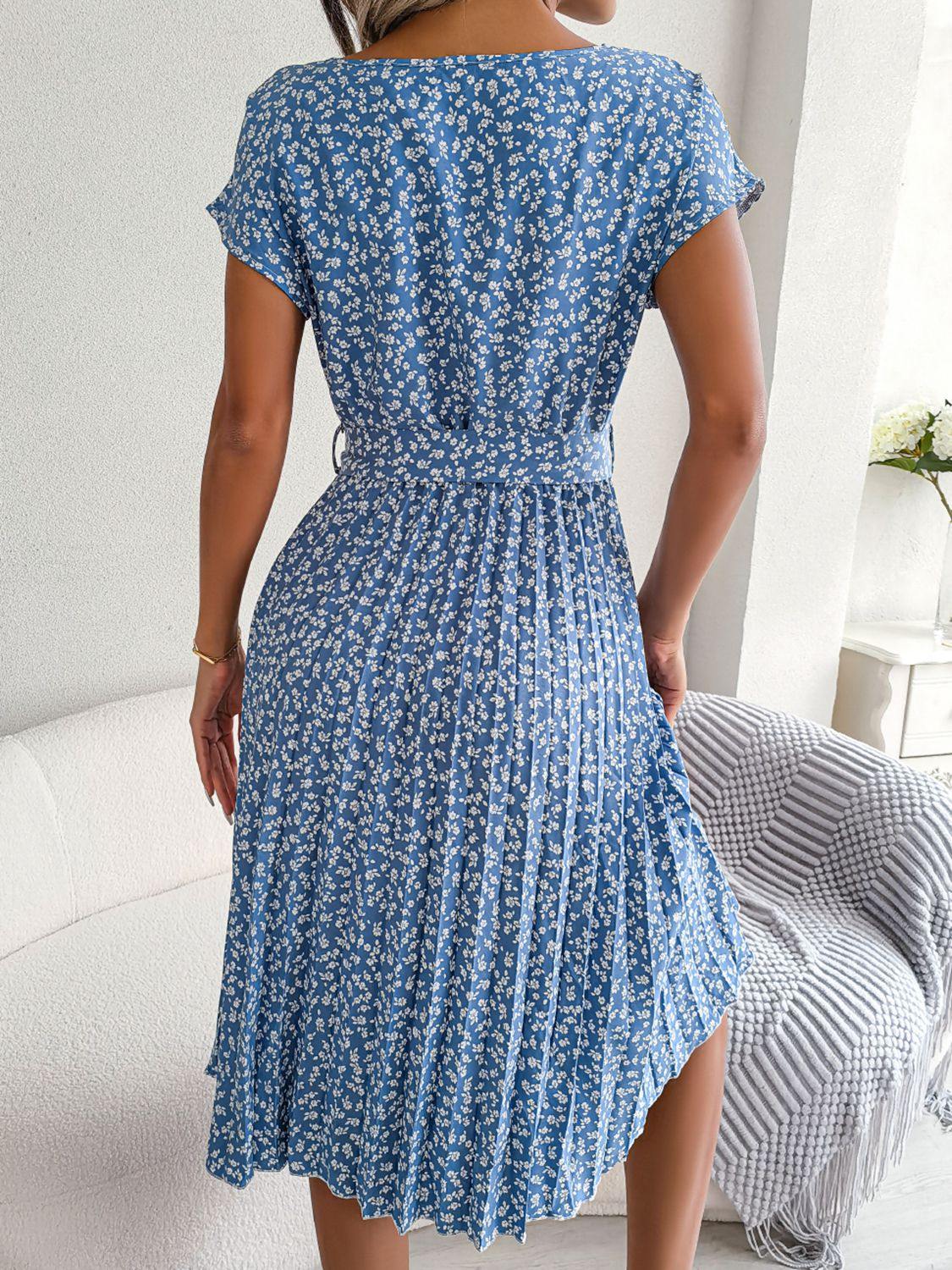 Ditsy Floral Pleated Belted Dress - Trendsi