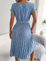 Ditsy Floral Pleated Belted Dress - Trendsi - Flyclothing LLC