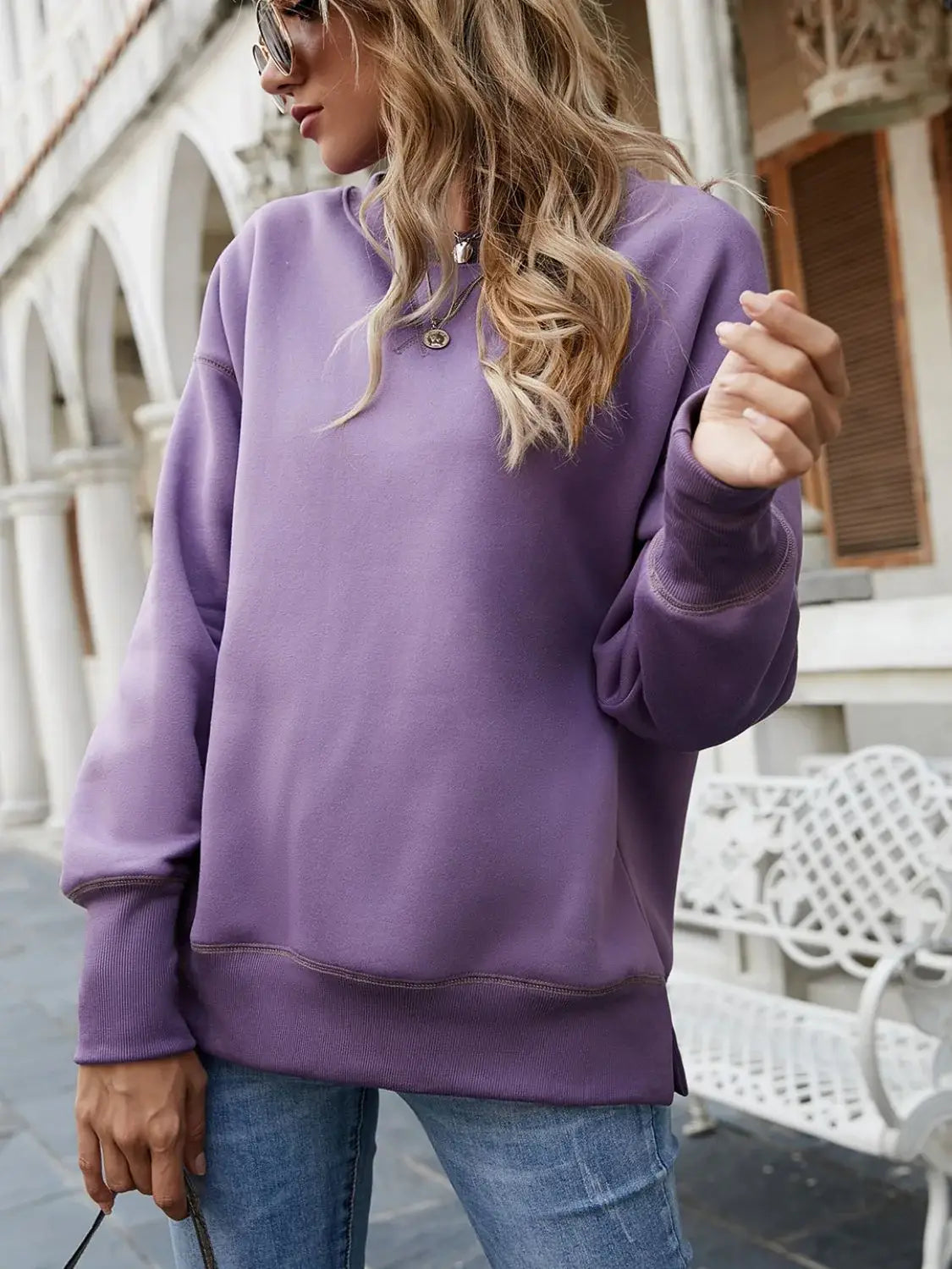 Dropped Shoulder Slit Sweatshirt - Trendsi - Flyclothing LLC