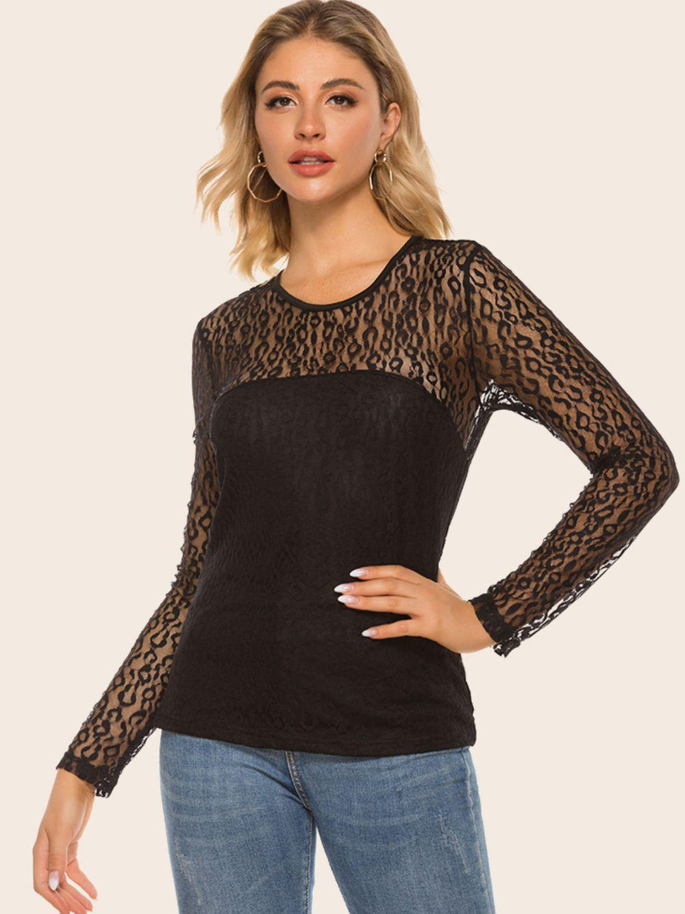 Lace Yoke Spliced Top - Trendsi