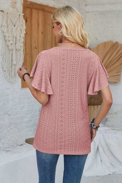 Eyelet Applique V-Neck Cap Sleeve T-Shirt - Trendsi - Flyclothing LLC