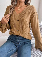 Cable-Knit Buttoned V-Neck Sweater - Trendsi