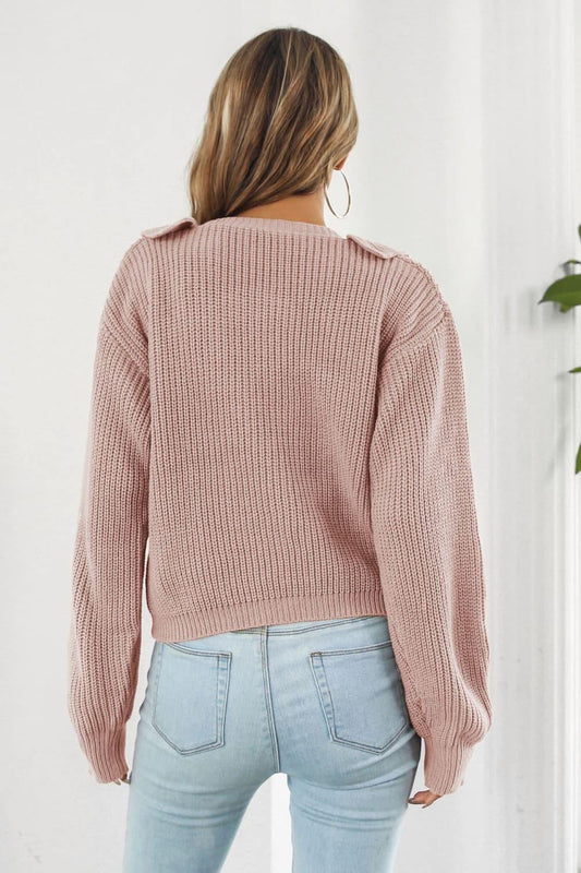 Ruffle Trim Button-Down Dropped Shoulder Sweater - Trendsi