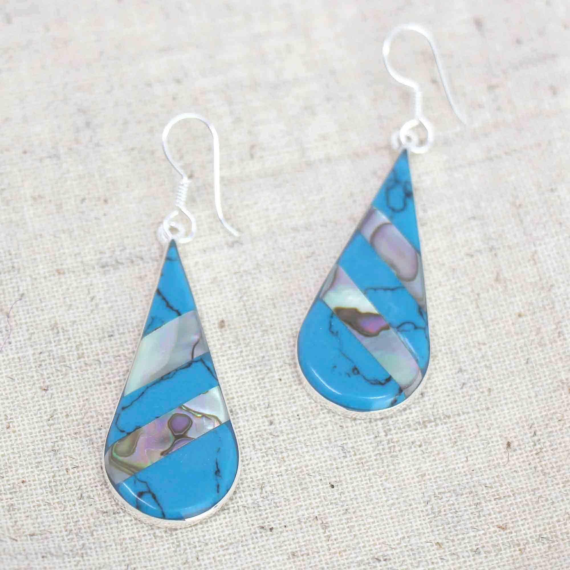 Abalone & Turquoise Striped Teardrop Earrings - Artisana
