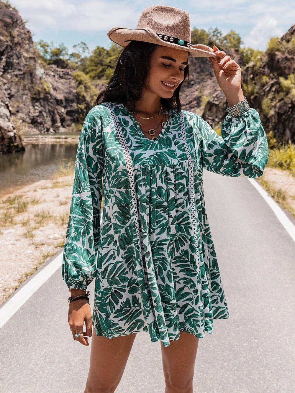 Long Sleeve V-Neck Mini Dress - Trendsi - Flyclothing LLC